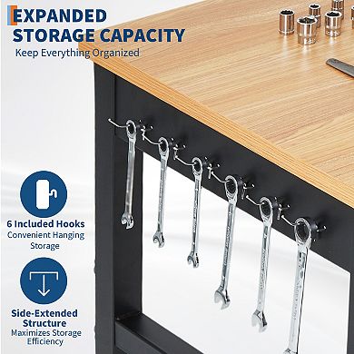 Single-Layer Workbench Without Wheels With A Power Cord, Hanging Area, And Hooks