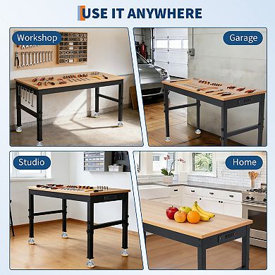 Single-Layer Workbench Without Wheels With A Power Cord, Hanging Area, And Hooks