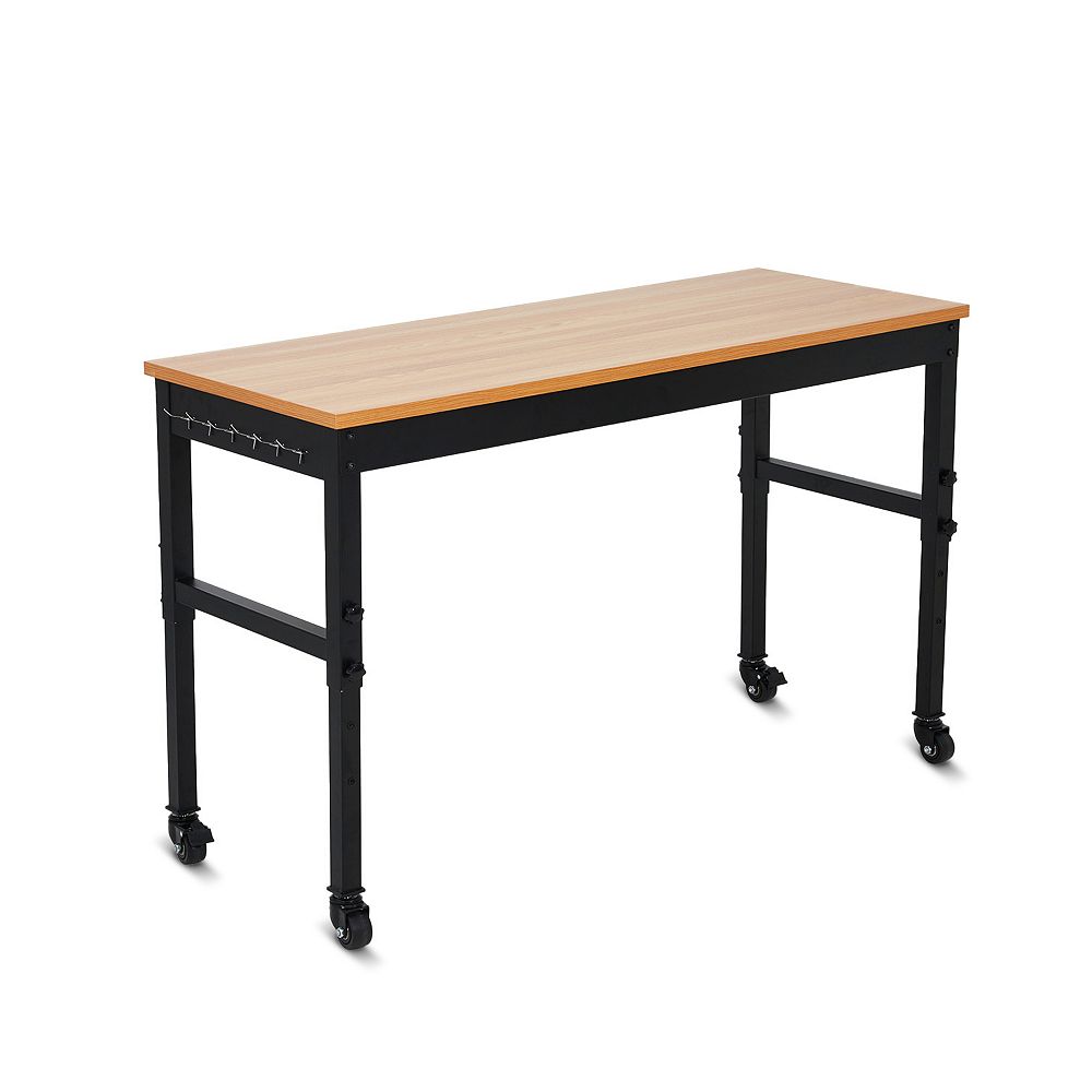 Single-Layer Workbench With Wheels, Power Cord, Hanging Area And Hooks