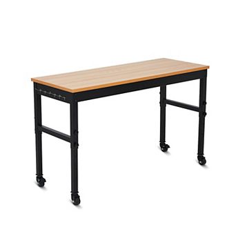Single-Layer Workbench With Wheels, Power Cord, Hanging Area And Hooks