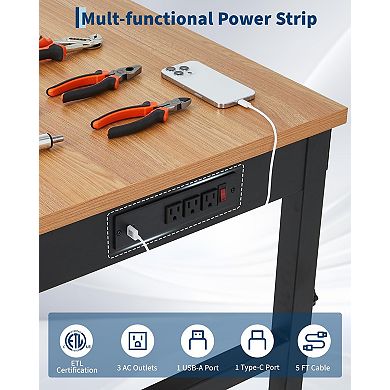 Single-Layer Workbench With Wheels, Power Cord, Hanging Area And Hooks