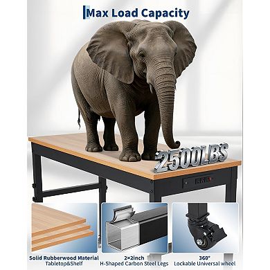 Single-Layer Workbench With Wheels, Power Cord, Hanging Area And Hooks