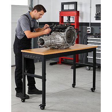 Single-Layer Workbench With Wheels, Power Cord, Hanging Area And Hooks