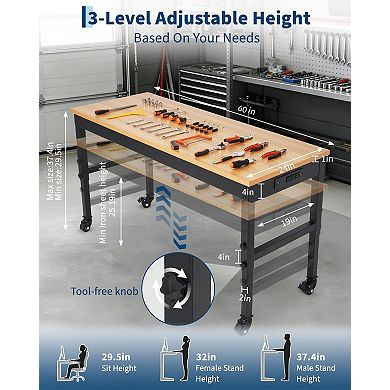 Single-Layer Workbench With Wheels, Power Cord, Hanging Area And Hooks