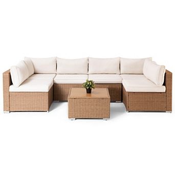 PATIOEASY 7 pc Rattan Corner Outdoor Sectional Sofa Complete Modular with PE Wicker Frame