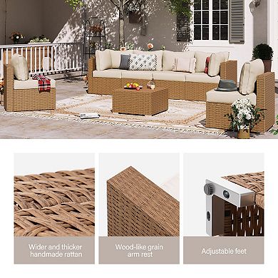 PATIOEASY 7 Pcs Rattan Corner Outdoor Sectional Sofa Complete Modular with PE Wicker Frame