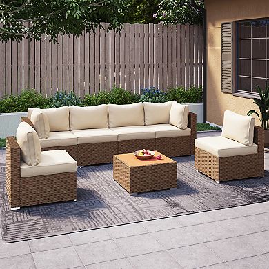 PATIOEASY 7 Pcs Rattan Corner Outdoor Sectional Sofa Complete Modular with PE Wicker Frame
