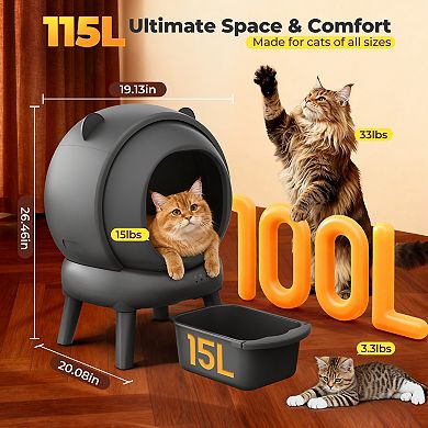 Self Cleaning Litter Box, 100L+15L Litter Box for Multiple Cats, APP Control, Safety Sensors