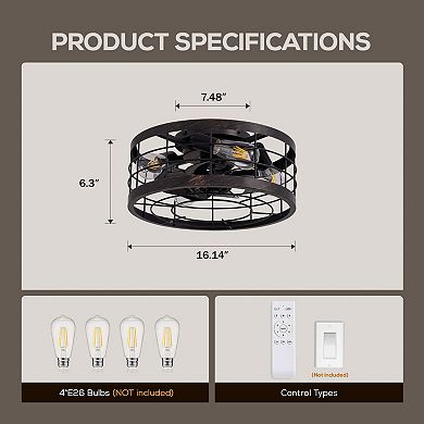 Moooni 16" Ceiling Fan with 8 Blades & 4-Light, Remote Control