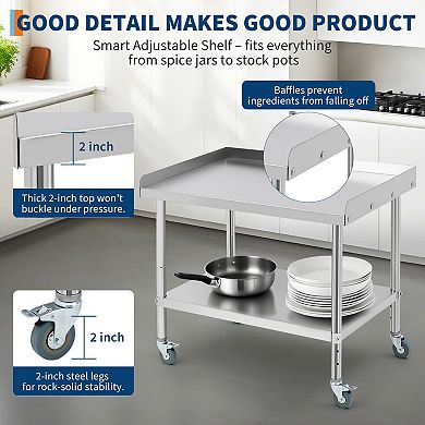 36"X30"x30" Stainless Steel Grill Stand Table With Casters - Removable Baffle