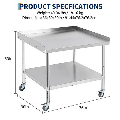 36"X30"x30" Stainless Steel Grill Stand Table With Casters - Removable Baffle