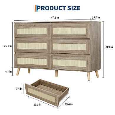 Modern Rattan 6 Drawer Dresser for Bedroom