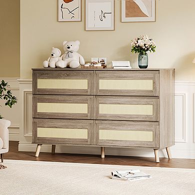 Modern Rattan 6 Drawer Dresser for Bedroom