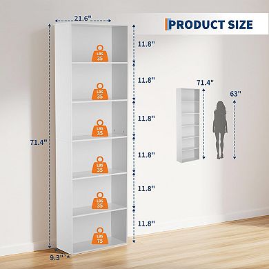 6-Shelf Tall White Bookcase for Home Office