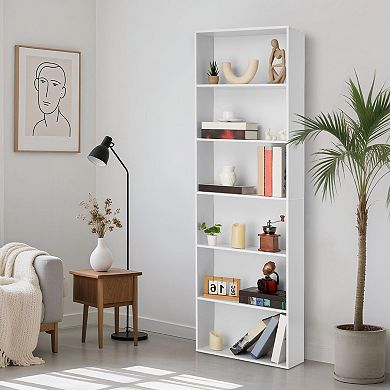 6-Shelf Tall White Bookcase for Home Office