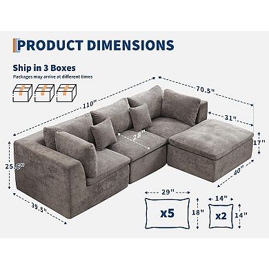 Ottoman 110" Convertible L Shaped Cloud Boneless Couch