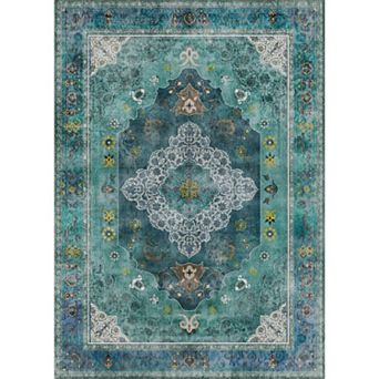 Traditional Distressed Floral Area Rug, Washable Thin Non-Slip Carpet