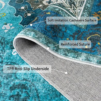 Traditional Distressed Floral Area Rug, Washable Thin Non-Slip Carpet