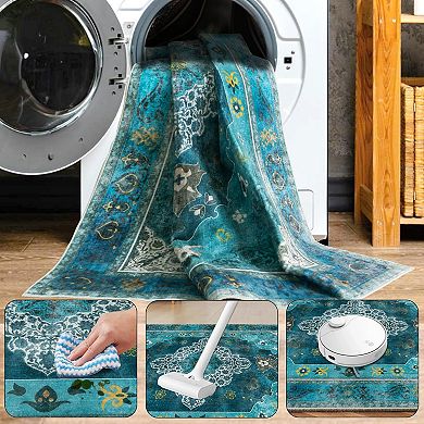 Traditional Distressed Floral Area Rug, Washable Thin Non-Slip Carpet