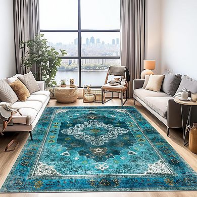 Traditional Distressed Floral Area Rug, Washable Thin Non-Slip Carpet