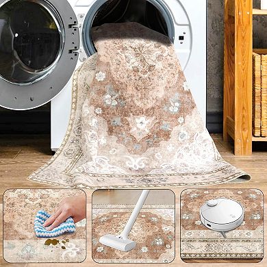 Traditional Distressed Floral Area Rug, Washable Thin Non-Slip Carpet