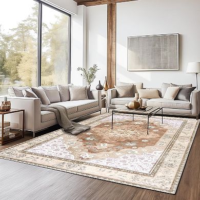 Traditional Distressed Floral Area Rug, Washable Thin Non-Slip Carpet