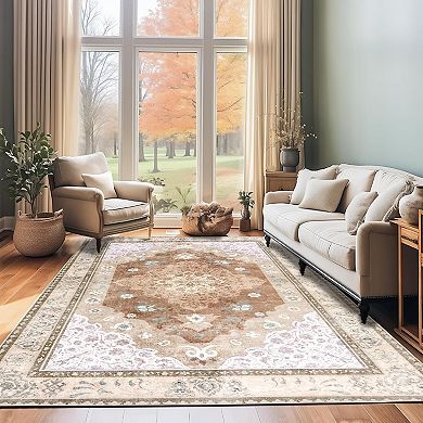 Traditional Distressed Floral Area Rug, Washable Thin Non-Slip Carpet