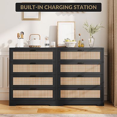 Tall Rattan Wooden Dresser with 4 Drawer for Bedroom