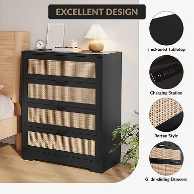 Tall Rattan Wooden Dresser with 4 Drawer for Bedroom