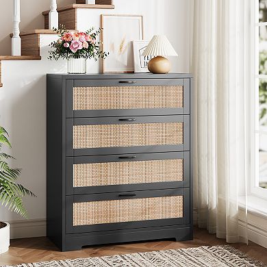 Tall Rattan Wooden Dresser with 4 Drawer for Bedroom