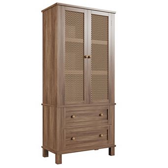 64" Tall Pantry Cabinet Rattan Storage Cabinet