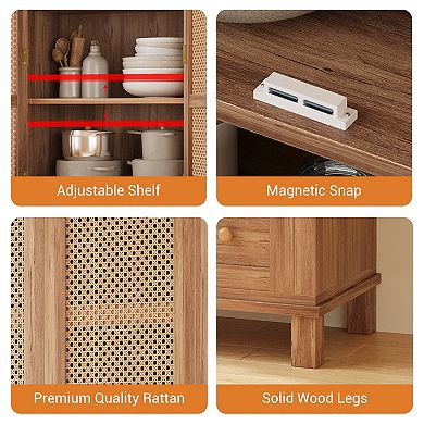 64" Tall Pantry Cabinet Rattan Storage Cabinet