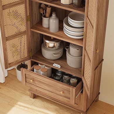 64" Tall Pantry Cabinet Rattan Storage Cabinet