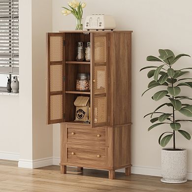 64" Tall Pantry Cabinet Rattan Storage Cabinet