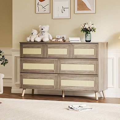 Modern Rattan 7 Drawer Dresser for Bedroom