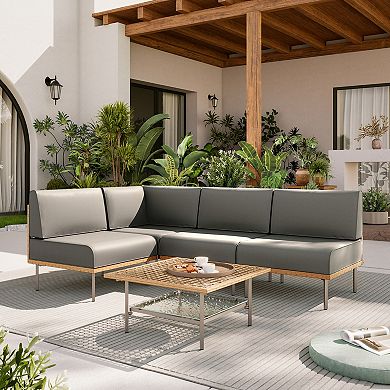 PATIOEASY 5 Piece PE Rattan Sofa Set Waterproof Cushions Complete Conversation Set for Porch