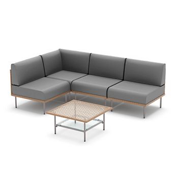 PATIOEASY 5 pc PE Rattan Sofa Set Waterproof Cushions Complete Conversation Set for Porch