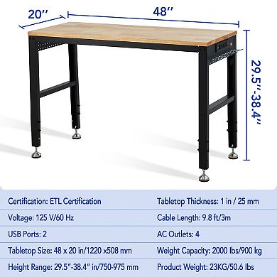 Heavy Duty Adjustable Height Workbench 48x20 Inch