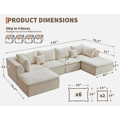 Ottoman 140" Convertible U Shaped Cloud Boneless Couch