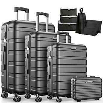 11 pc Hardside Luggage Set, Checked & Carry on, Password Lock & 360° Spinner Wheels, Black