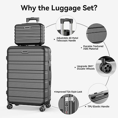 11PCS Hardside Luggage Set, Checked & Carry on, Password Lock & 360° Spinner Wheels, Black