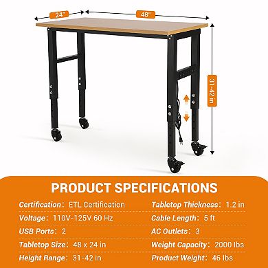 48" Adjustable Workbench with Power Outlet and Wheels