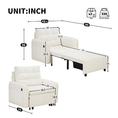 Whisen 3-in-1 Convertible Sleeper Chair Bed with USB Charging, Storage Pockets and Box