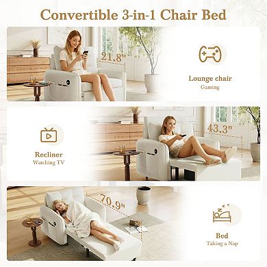 Whisen 3-in-1 Convertible Sleeper Chair Bed with USB Charging, Storage Pockets and Box