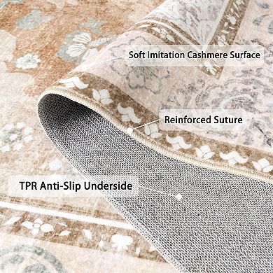Traditional Distressed Floral Area Rug, Washable Thin Non-Slip Carpet