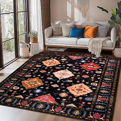 Traditional Distressed Floral Area Rug, Washable Thin Non-Slip Carpet