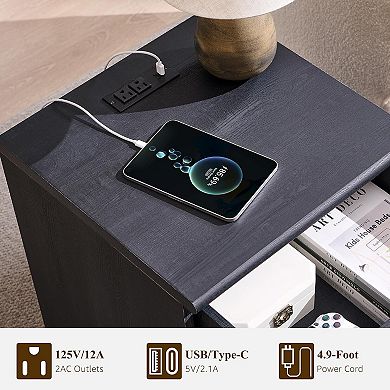 18" Wooden Nightstand set of 2 with Charging Station, Bedside Table w/ Drawer Storage, Open Shelf