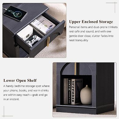 18" Wooden Nightstand set of 2 with Charging Station, Bedside Table w/ Drawer Storage, Open Shelf