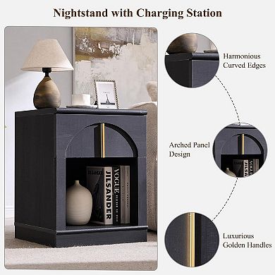 18" Wooden Nightstand set of 2 with Charging Station, Bedside Table w/ Drawer Storage, Open Shelf