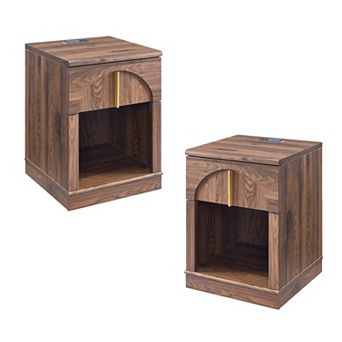18" Wooden Nightstand set of 2 with Charging Station, Bedside Table w/ Drawer Storage, Open Shelf